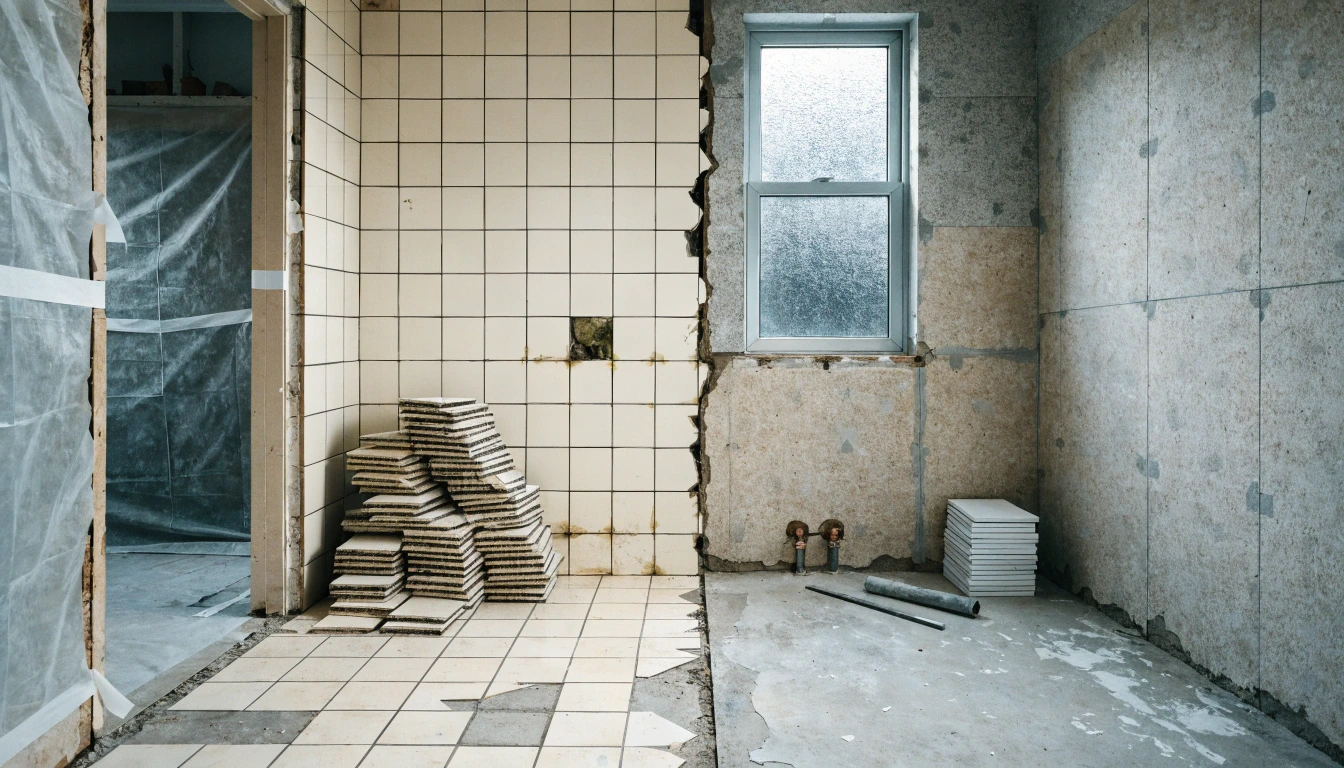 Bathroom with wall and floor tiles partly removed during a renovation