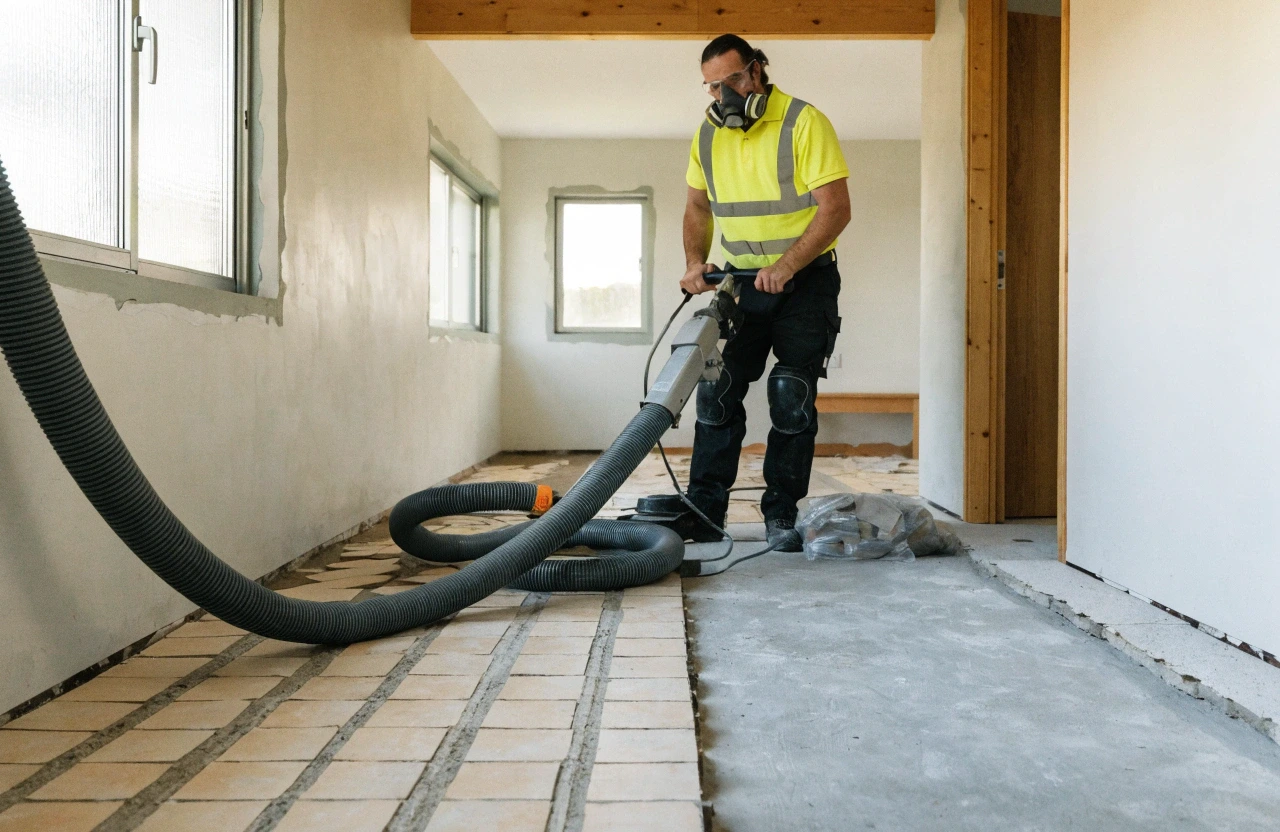Tradesperson removing floor tiles with dust-extraction equipment in a Newcastle home