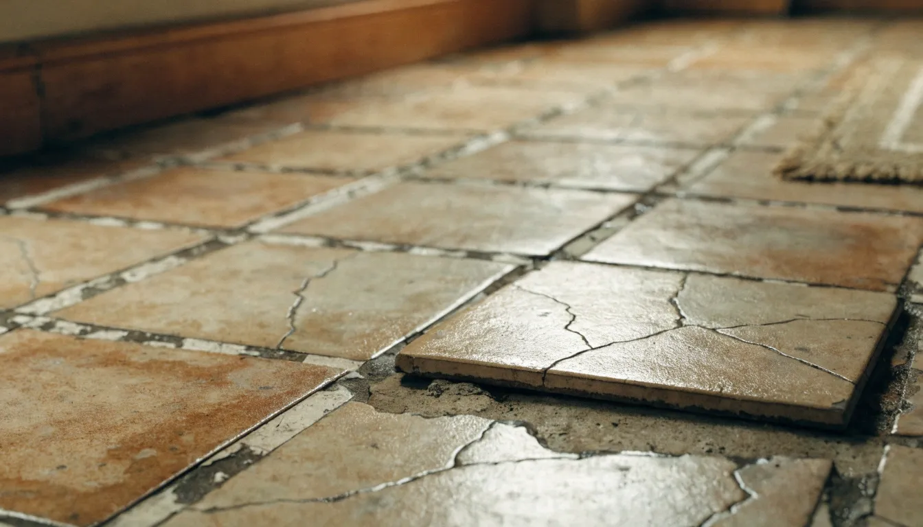 Cracked and lifting old floor tiles in a home
